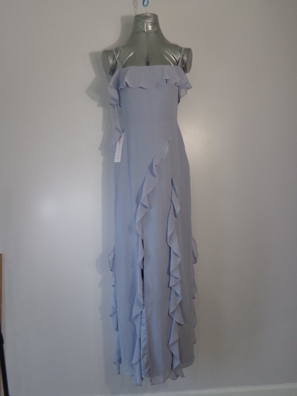 Azazie Chiffon Ruffle Column Bridesmaid Dress w. Leg Slit Dusty Lavender Size 2